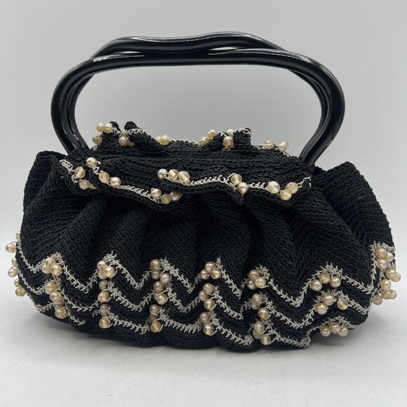 Handmade Handbags - Vintage Hand Crocheted Beaded Purse 9" Lucite Handle Black Silver Hard Bottom